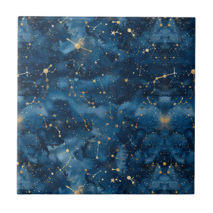 Midnight Blue Gold Cosmic Nebula Stardust Ceramic Tile