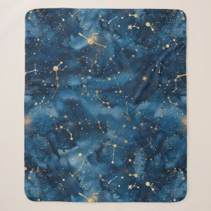 Midnight Blue Gold Cosmic Nebula Stardust Sherpa Blanket