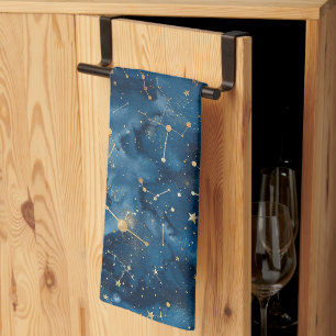 Midnight Blue Gold Cosmic Nebula Stardust Tea Towel