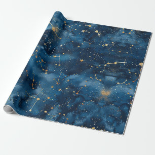 Midnight Blue Gold Cosmic Nebula Stardust Wrapping Paper