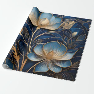 Midnight Blue & Gold Floral Filigree Luxury Wrapping Paper