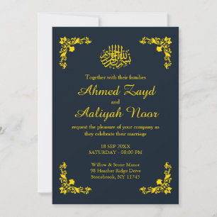 Midnight Blue & Gold Floral Nikah & Waleema Invitation