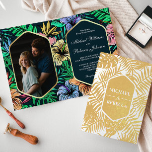 Midnight Blue Gold Foil Tropical Wedding Invite