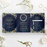 Midnight Blue Gold Leaf Branch All in One Wedding Tri-Fold Invitation<br><div class="desc">Amaze your guests with this elegant wedding invite featuring beautiful faux gold foil leaves branch with traditional typography and detachable RSVP card. Simply add your event details on this easy-to-use template and adorn this card with your favourite photo to make it a one-of-a-kind invitation.</div>
