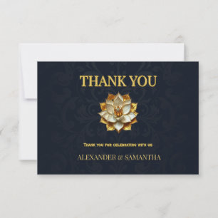 Midnight Blue Gold Lotus Wedding Thank You Card
