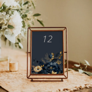 Midnight Blue Gold Luxe Floral Wedding Table Card