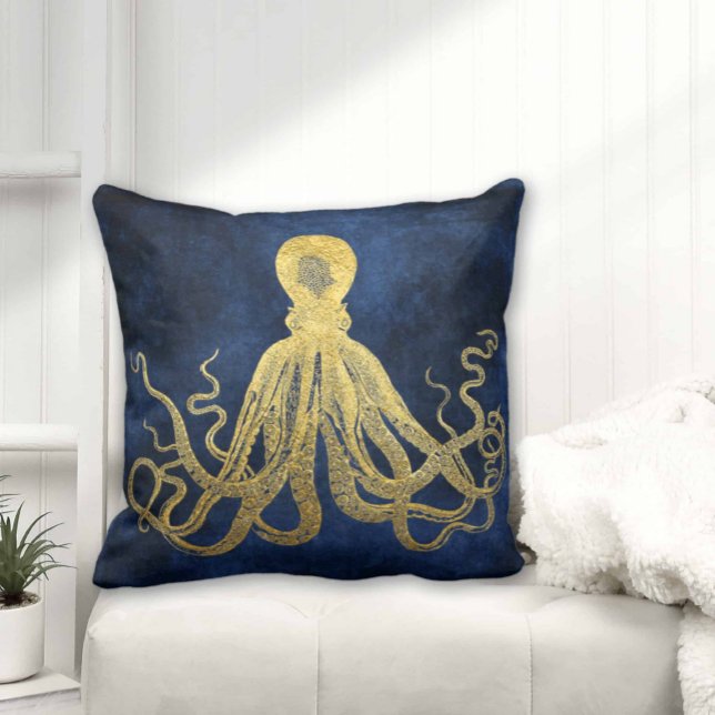 Midnight Blue Gold Octopus Coastal Retro Nautical Cushion (Creator Uploaded)