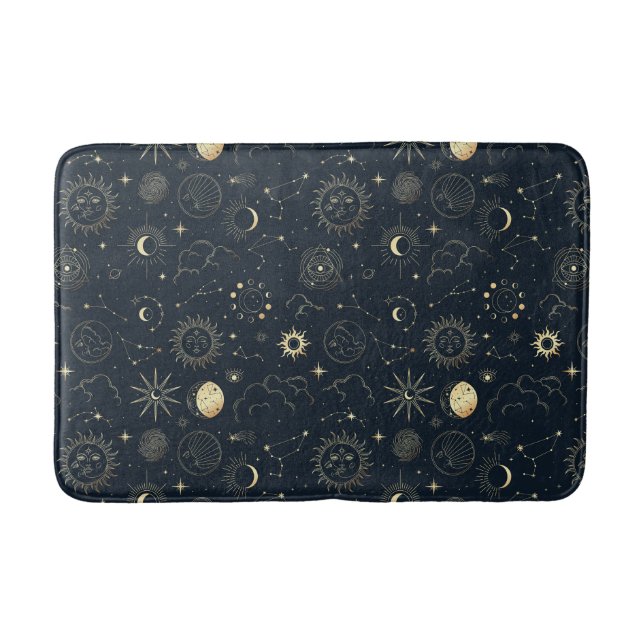Midnight Blue Gold Star Constellation Pattern Bath Mat (Front)