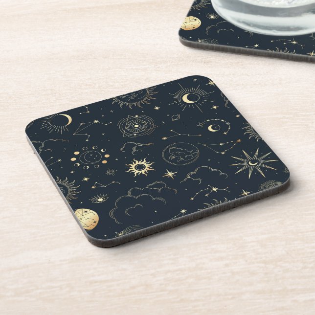 Midnight Blue Gold Star Constellation Pattern Coaster (Left Side)