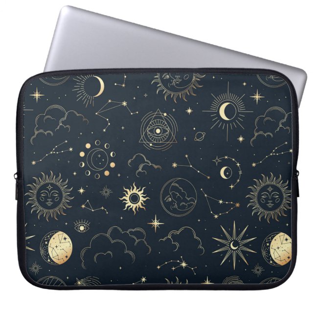 Midnight Blue Gold Star Constellation Pattern Laptop Sleeve (Front)