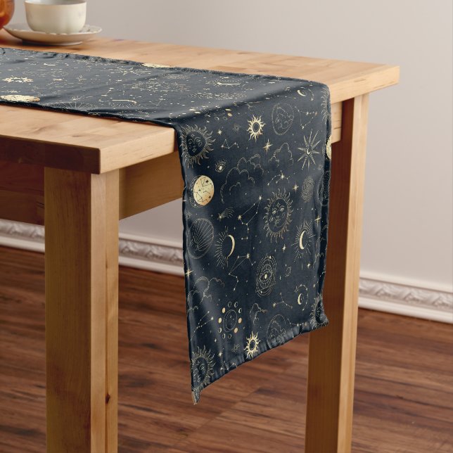 Midnight Blue Gold Star Constellation Pattern Medium Table Runner (In Situ)
