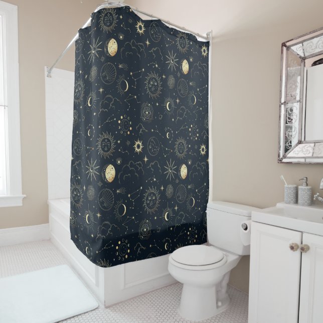 Midnight Blue Gold Star Constellation Pattern Shower Curtain (In Situ)