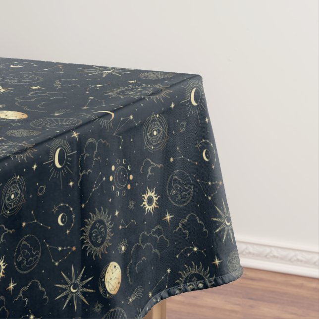 Midnight Blue Gold Star Constellation Pattern Tablecloth (In Situ)
