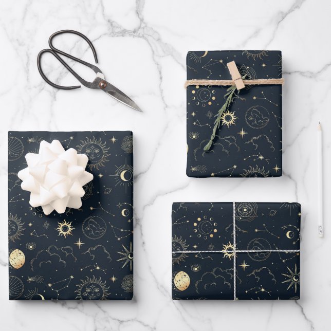 Midnight Blue Gold Star Constellation Pattern Wrapping Paper Sheet (Front)