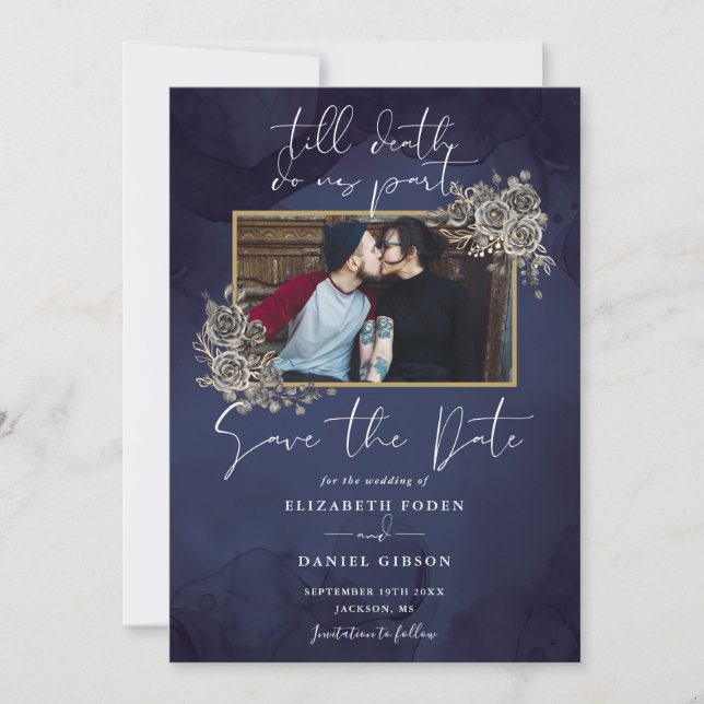 Midnight Blue Gothic Floral Photo Wedding Save The Date (Front)