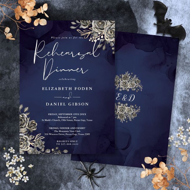 Midnight Blue Gothic Wedding Rehearsal Dinner Invitation (Midnight Blue Gothic Wedding Rehearsal Dinner Invitation)