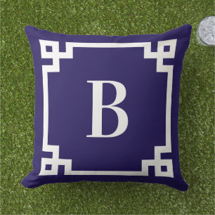 Midnight Blue Greek Key Border Monogram Cushion