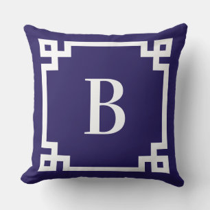 Midnight Blue Greek Key Border Monogram Cushion