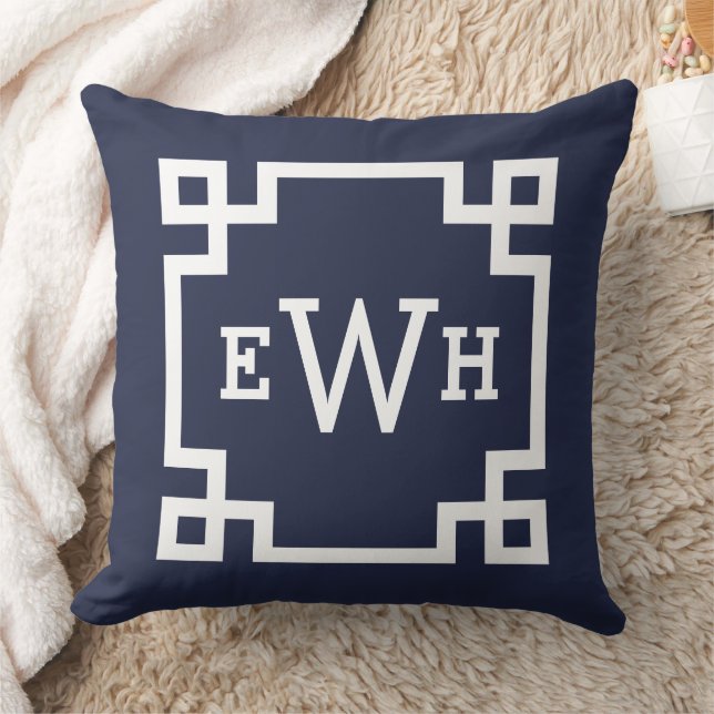 Midnight Blue Greek Key Monogram Initial Cushion (Blanket)