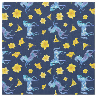 Midnight Blue Horses and Yellow Lilies Fabric