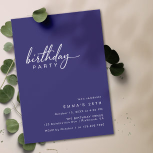 Midnight Blue Indigo Simple Casual Modern Birthday Invitation