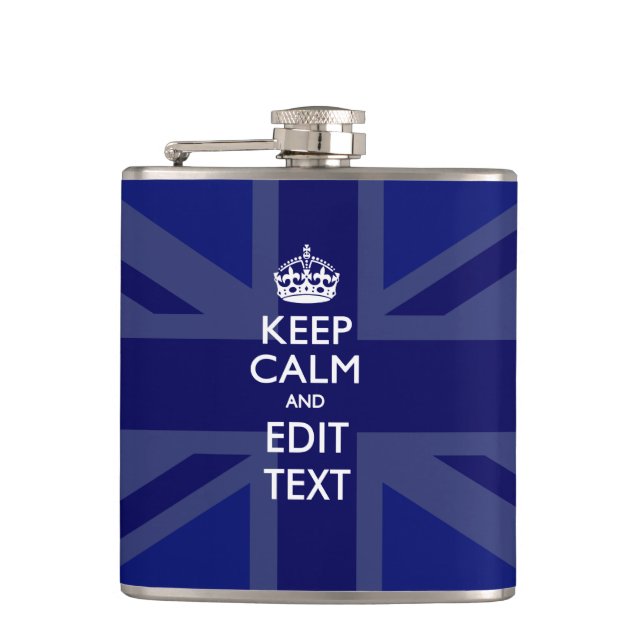 Midnight Blue Keep Calm and Your Text Union Jack Hip Flask (Front)