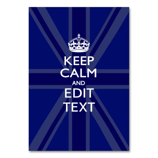 Midnight Blue Keep Calm and Your Text Union Jack Table Number (Front)