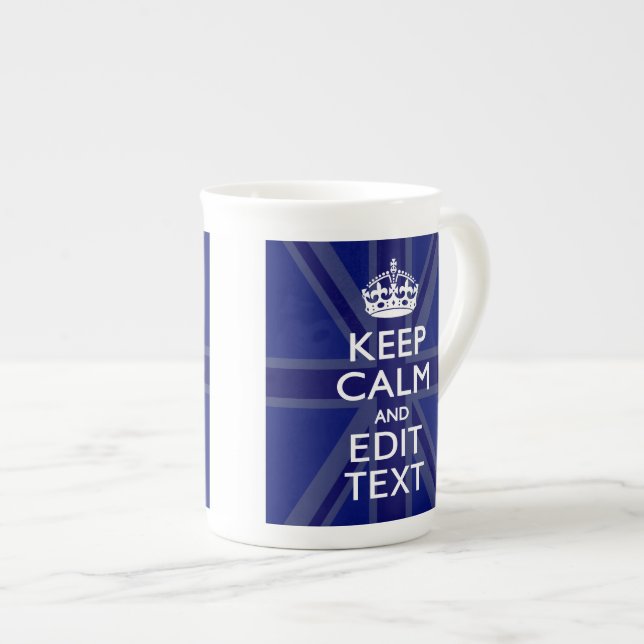 Midnight Blue Keep Calm Have Your Text Union Jack Bone China Mug (Front Right)