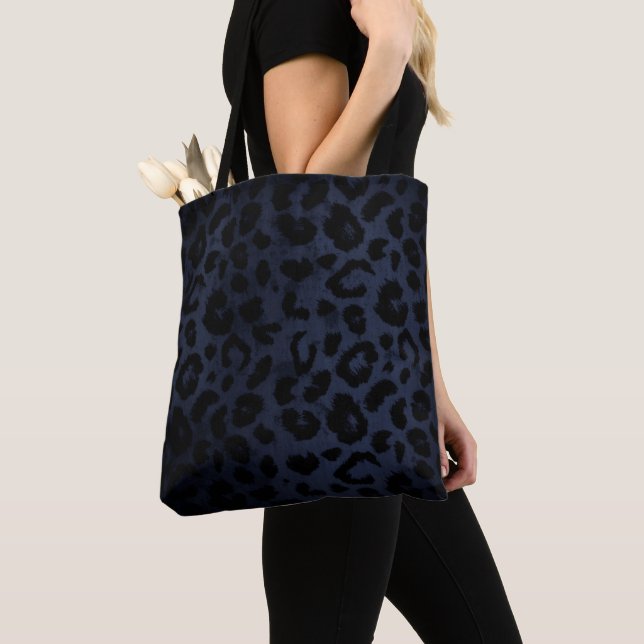 Midnight Blue Leopard Print Tote Bag (Close Up)
