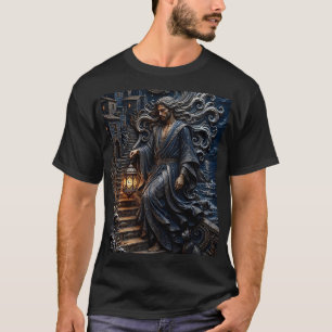 Midnight Blue Man With Lantern On Coastal Stair 3D T-Shirt