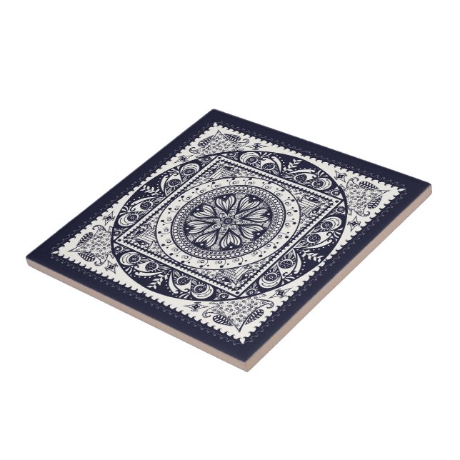 Midnight Blue Mandala Ceramic Art Tile (Side)