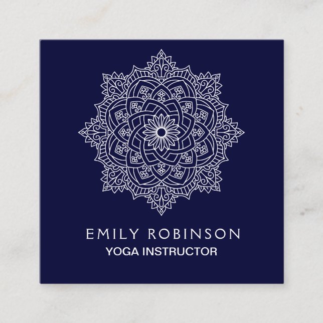 Midnight Blue Mandala Yoga Instructor Square Business Card (Front)