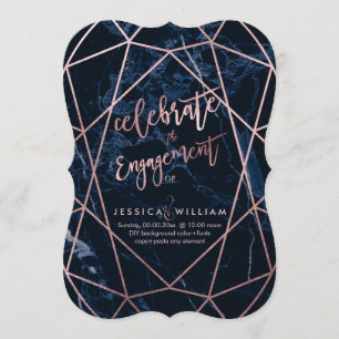 Midnight Blue Marble+Faux Rose Gold Engagement Invitation