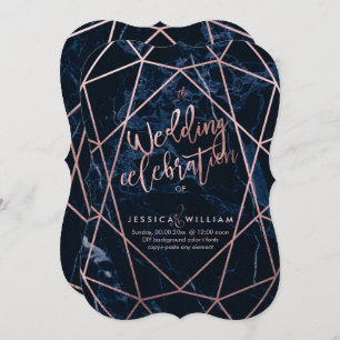 Midnight Blue Marble+Faux Rose Gold Wedding Invitation