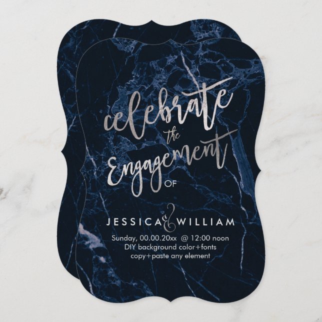 Midnight Blue Marble+Faux Silver Engagement Invitation (Front/Back)