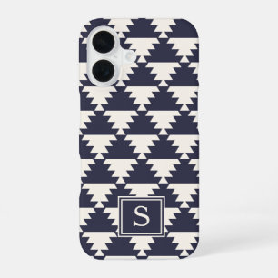 Midnight Blue Modern Aztec Geometric Monogram iPhone 16 Case