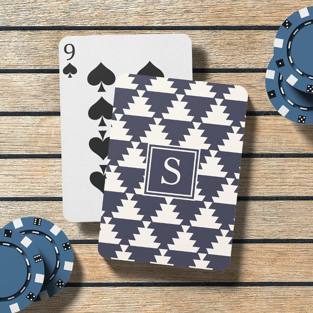 Midnight Blue Modern Aztec Geometric Monogram Playing Cards (Creator Uploaded)