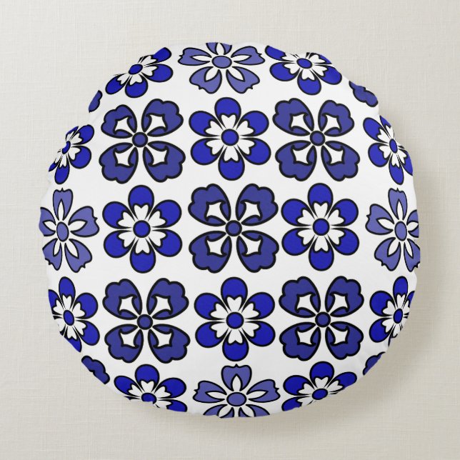Midnight Blue Modern Floral Round Pillow (Front)