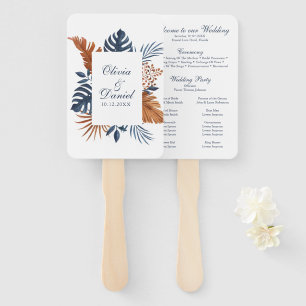 Midnight Blue Monstera Palm Leaves Wedding Program Hand Fan
