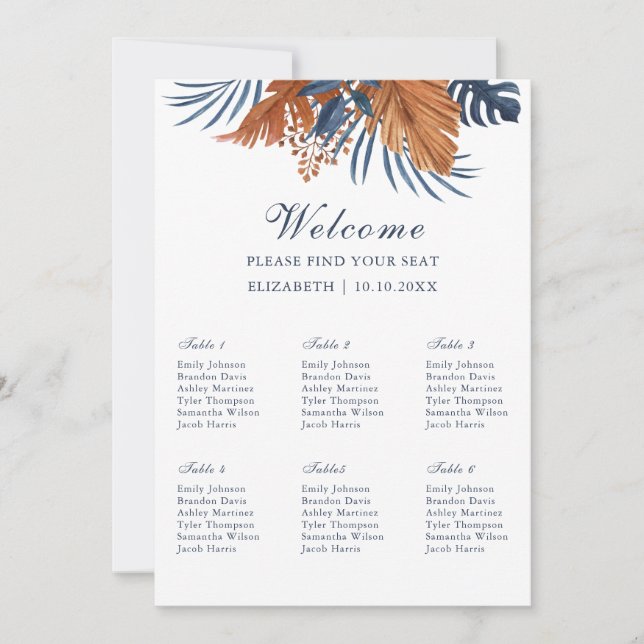 Midnight Blue Monstera Seating Chart Foam Board Invitation (Front)