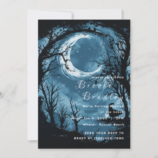 Midnight Blue Moonlit Gothic Wedding Invitation (Front)