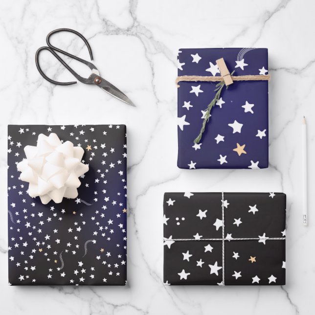 Midnight Blue Night Sky, Shooting Stars, Galaxy Wrapping Paper Sheet (Front)