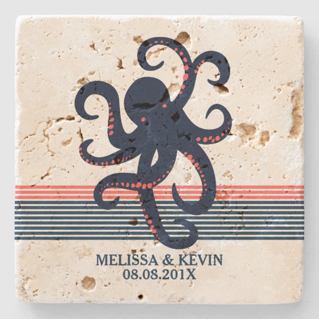 Midnight Blue Octopus & Decorative Stripes Stone Coaster (Front)