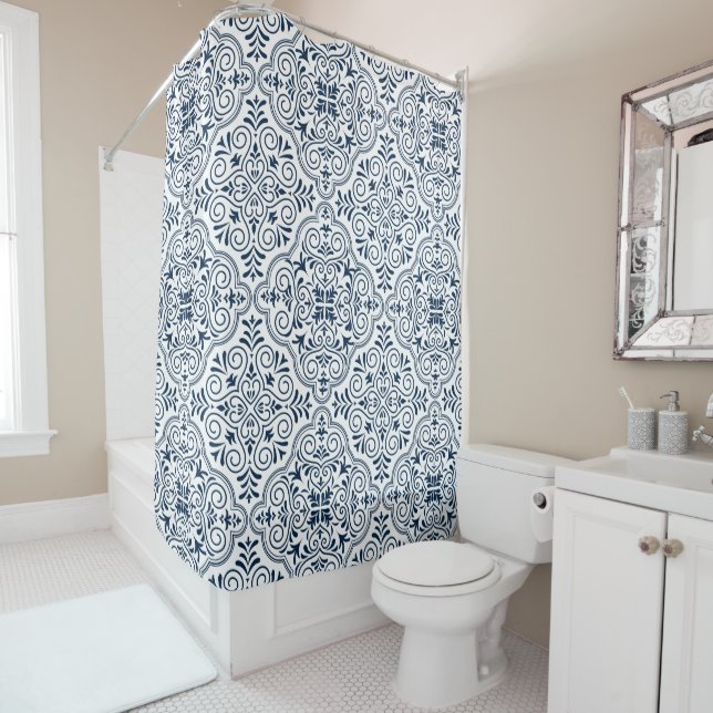 Midnight-Blue On White Moroccan Geometric Pattern Shower Curtain (In Situ)