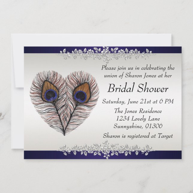 Midnight Blue Peacock Bridal Shower Invitation (Front)