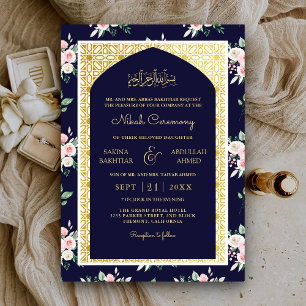 Midnight Blue Pink Floral Gold Arch Muslim Wedding Invitation