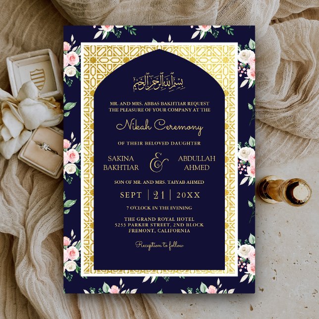 Midnight Blue Pink Floral Gold Arch Muslim Wedding Invitation (Creator Uploaded)