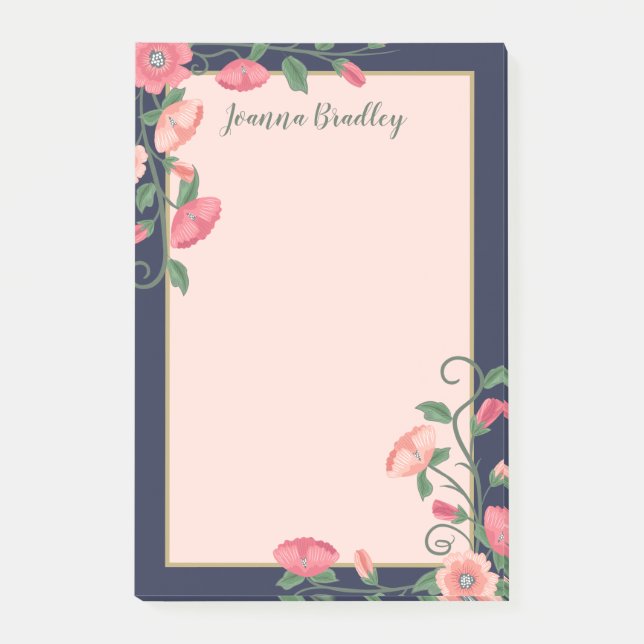 Midnight Blue Pink Floral Vines Post-it Notes (Front)