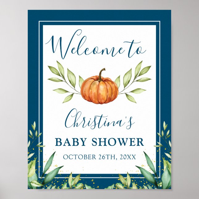 Midnight Blue Pumpkin Fall Baby Shower Welcome Poster (Front)
