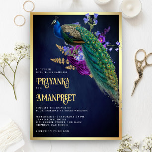 Midnight Blue Purple Floral Indian Peacock Wedding Invitation